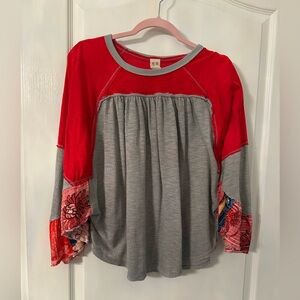 We The Free Red and Heather Gray Ruffle Yoke Top